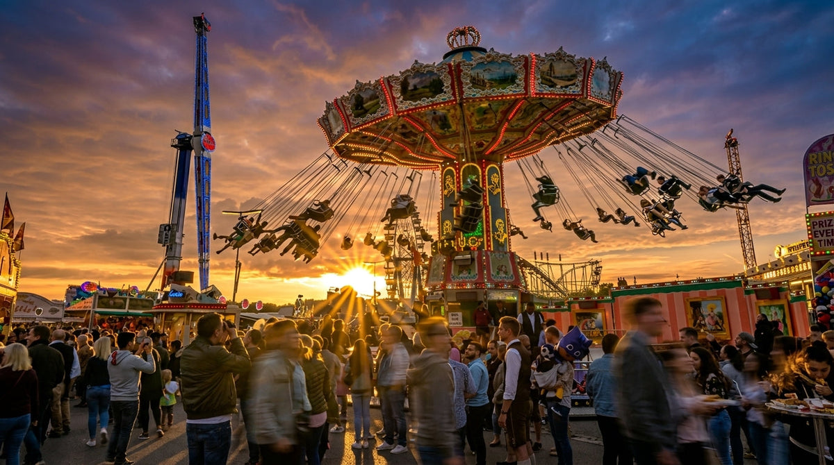 Oktoberfest in München bei Sonnenuntergang mit Fahrgeschäft und Besucherinnen und Besuchern